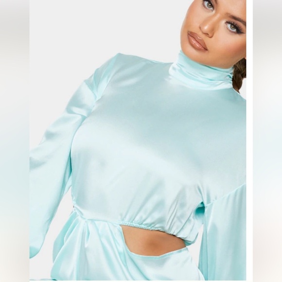 SATIN AQUA SIDE CUT OUT BALLOON SLEEVES MINI DRESS SIZE 8 - Picture 4 of 9